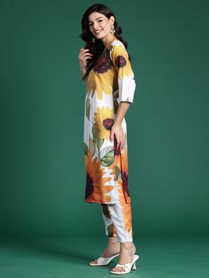 Off white printed pure cotton kurta trouser set 3