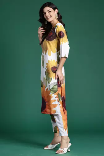 Off white printed pure cotton kurta trouser set
