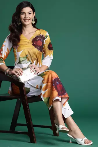 Off white printed pure cotton kurta trouser set
