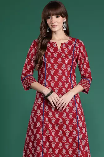 Maroon printed pure cotton kurta trouser set