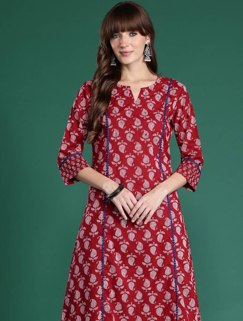 Maroon printed pure cotton kurta trouser set