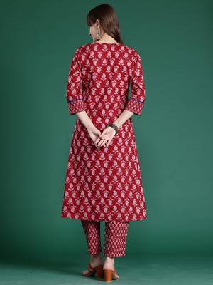 Maroon printed pure cotton kurta trouser set 2