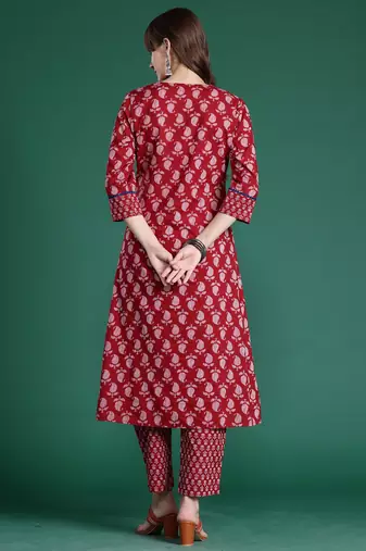 Maroon printed pure cotton kurta trouser set