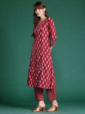 Maroon printed pure cotton kurta trouser set 3