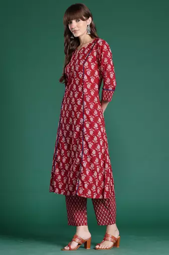 Maroon printed pure cotton kurta trouser set