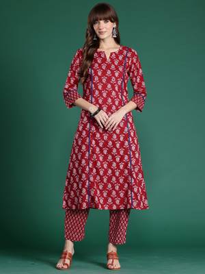 Maroon printed pure cotton kurta trouser set 4