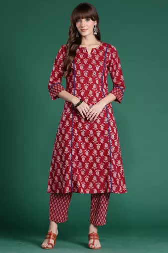 Maroon printed pure cotton kurta trouser set