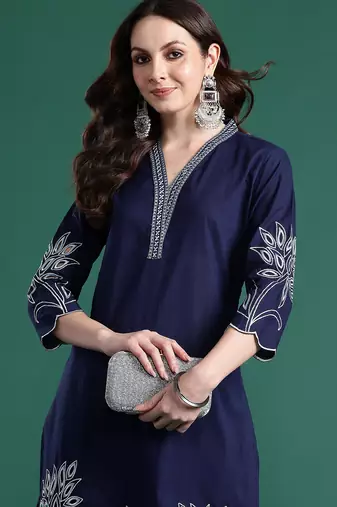 Navy blue embroidered pure cotton kurta trouser set