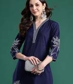 Navy blue embroidered pure cotton kurta trouser set