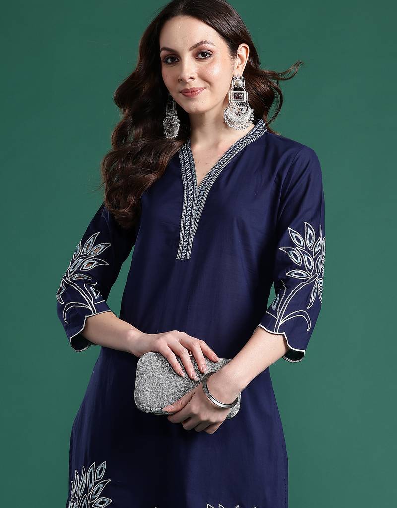 Navy blue embroidered pure cotton kurta trouser set