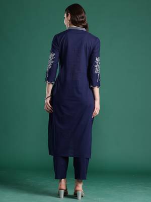 Navy blue embroidered pure cotton kurta trouser set 2
