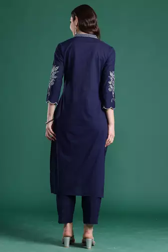 Navy blue embroidered pure cotton kurta trouser set
