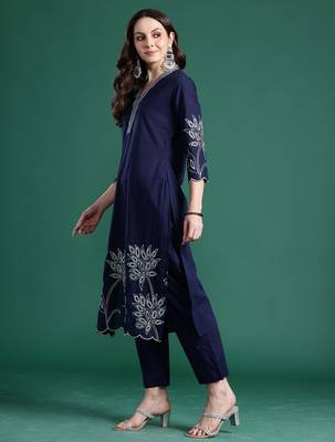 Navy blue embroidered pure cotton kurta trouser set 3