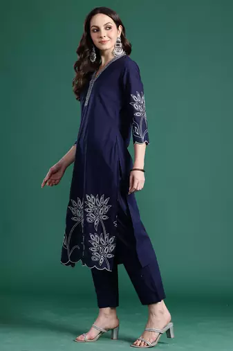 Navy blue embroidered pure cotton kurta trouser set
