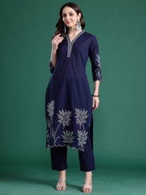 Navy blue embroidered pure cotton kurta trouser set 4