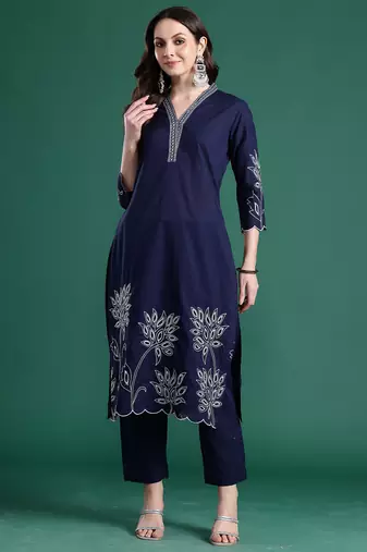 Navy blue embroidered pure cotton kurta trouser set