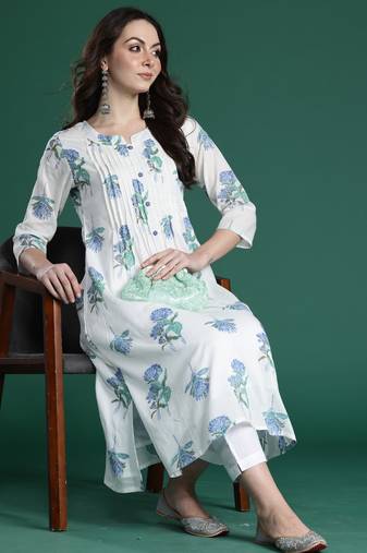 White printed pure cotton kurta trouser set