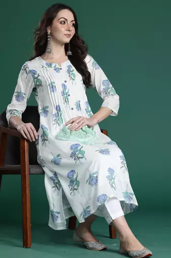 White printed pure cotton kurta trouser set