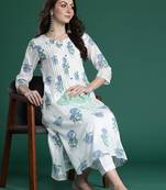 White printed pure cotton kurta trouser set