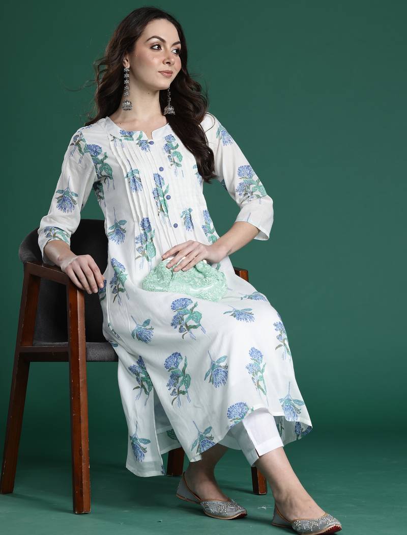 White printed pure cotton kurta trouser set