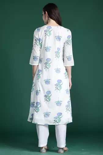 White printed pure cotton kurta trouser set
