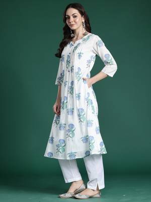 White printed pure cotton kurta trouser set 3