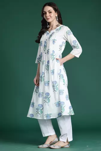 White printed pure cotton kurta trouser set