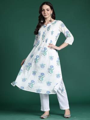 White printed pure cotton kurta trouser set 4
