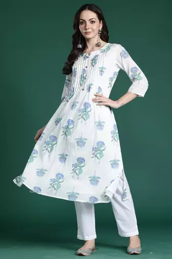 White printed pure cotton kurta trouser set