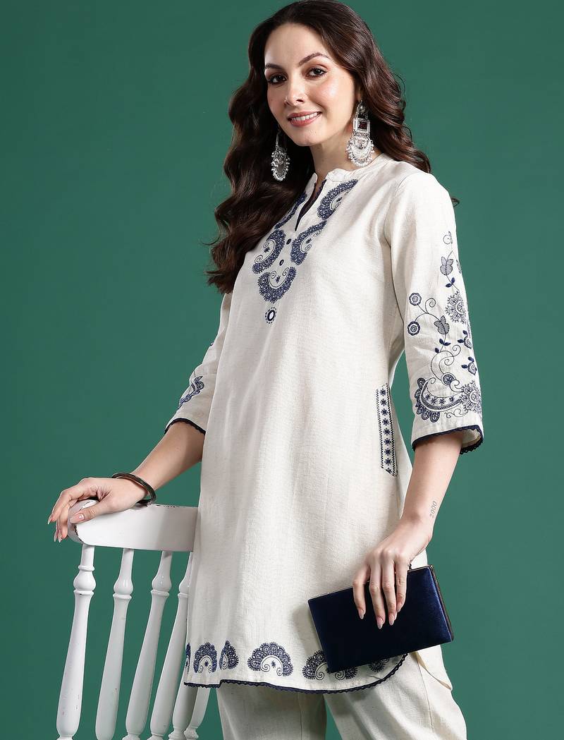 Off white embroidered pure cotton kurta trouser set