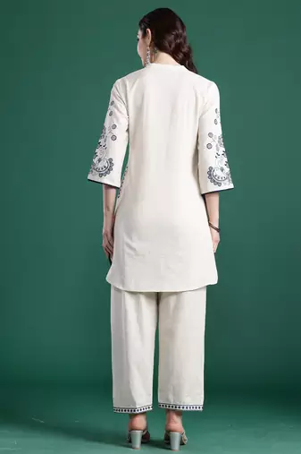 Off white embroidered pure cotton kurta trouser set