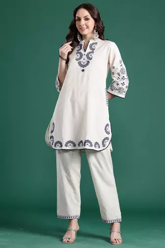 Off white embroidered pure cotton kurta trouser set