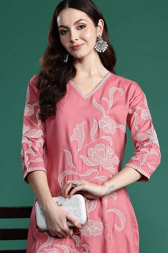 Mauve embroidered pure cotton kurta trouser set