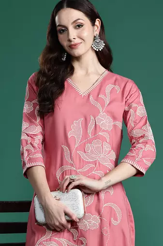 Mauve embroidered pure cotton kurta trouser set