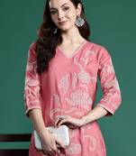 Mauve embroidered pure cotton kurta trouser set