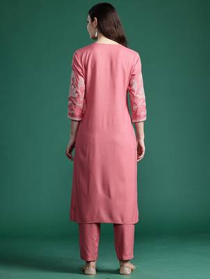 Mauve embroidered pure cotton kurta trouser set 2