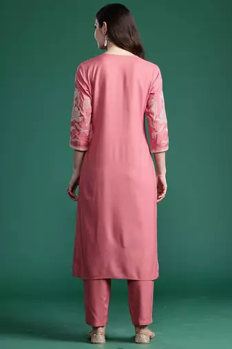 Mauve embroidered pure cotton kurta trouser set