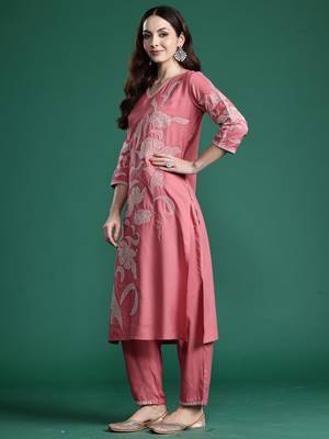 Mauve embroidered pure cotton kurta trouser set 3