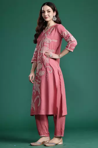 Mauve embroidered pure cotton kurta trouser set