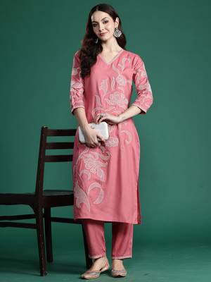 Mauve embroidered pure cotton kurta trouser set 4