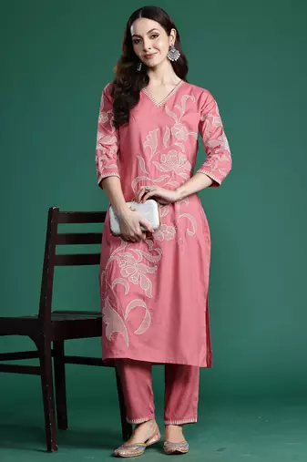 Mauve embroidered pure cotton kurta trouser set