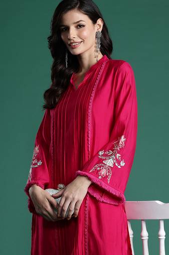 Pink embroidered silk kurta trouser set