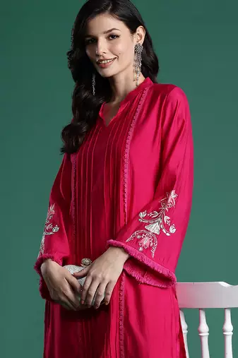 Pink embroidered silk kurta trouser set