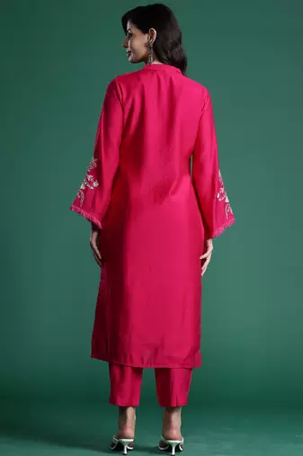 Pink embroidered silk kurta trouser set