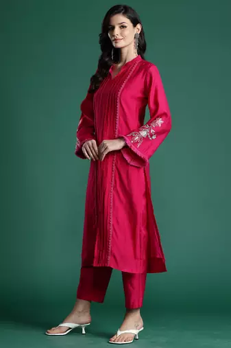 Pink embroidered silk kurta trouser set
