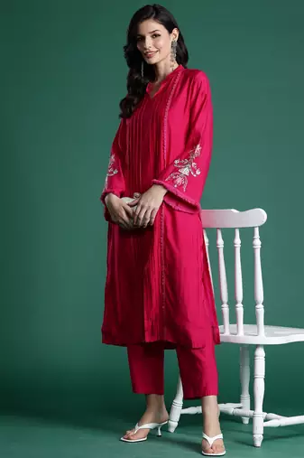 Pink embroidered silk kurta trouser set