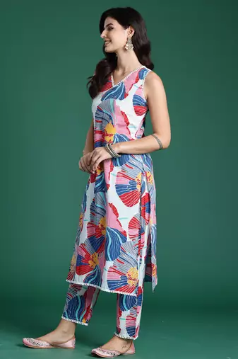 White printed pure cotton kurta trouser set