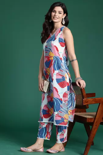 White printed pure cotton kurta trouser set