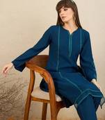 Teal embroidered silk kurta trouser set