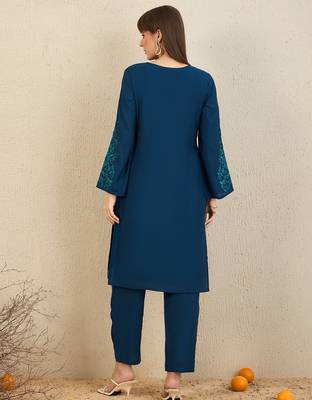Teal embroidered silk kurta trouser set 2